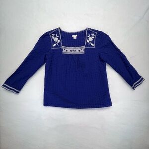 J. Crew Long Sleeve Embroidered Peasant-Boho Blue Top, Size XS